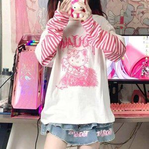 Sanrio Women's Hello Kitty Long Sleeved T-shirt Pink Striped Arms